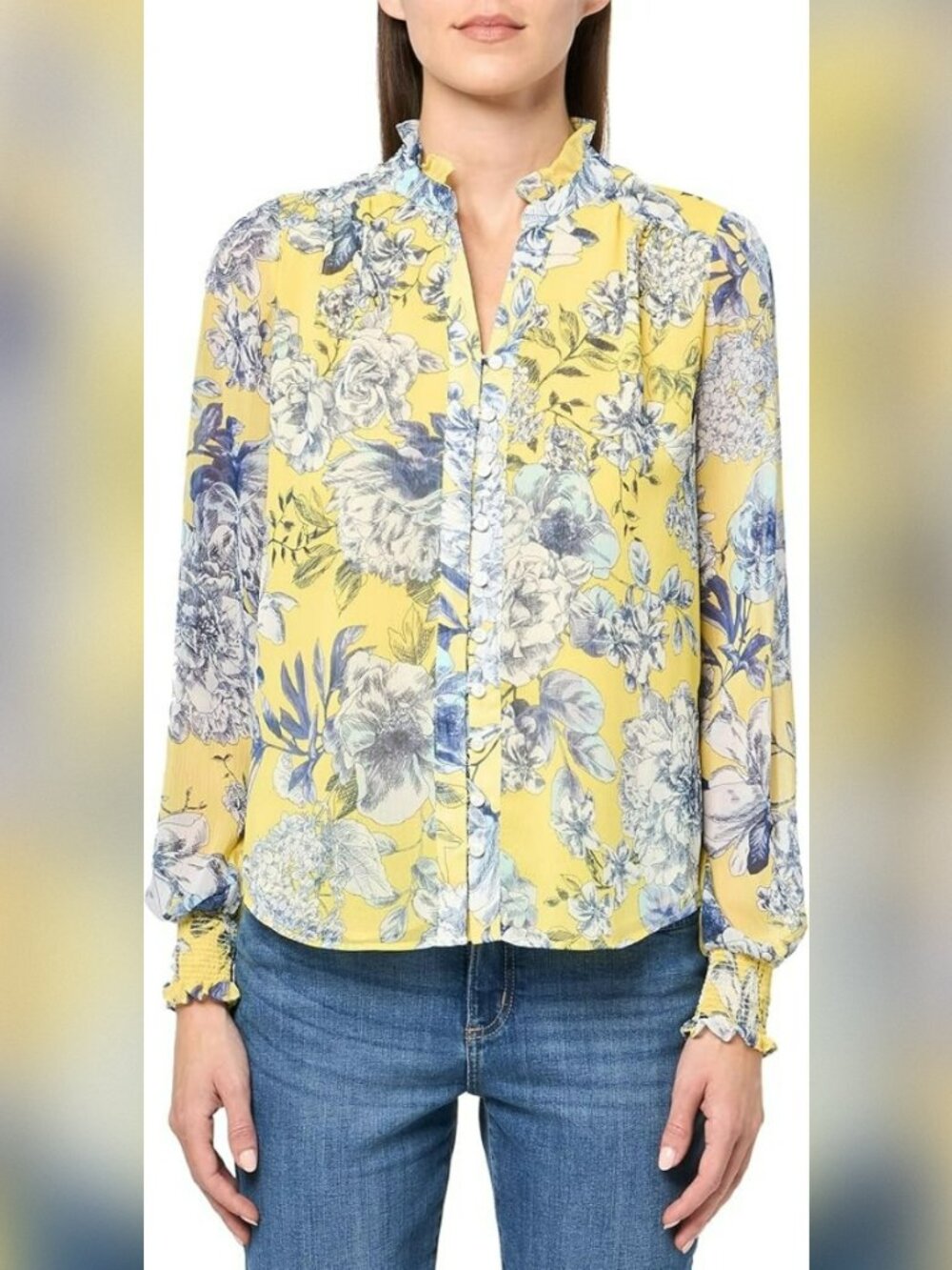 Tommy Hilfiger Floral Printed Top Blouse Yellow & Blue Long Sleeve V-Neck Sz L